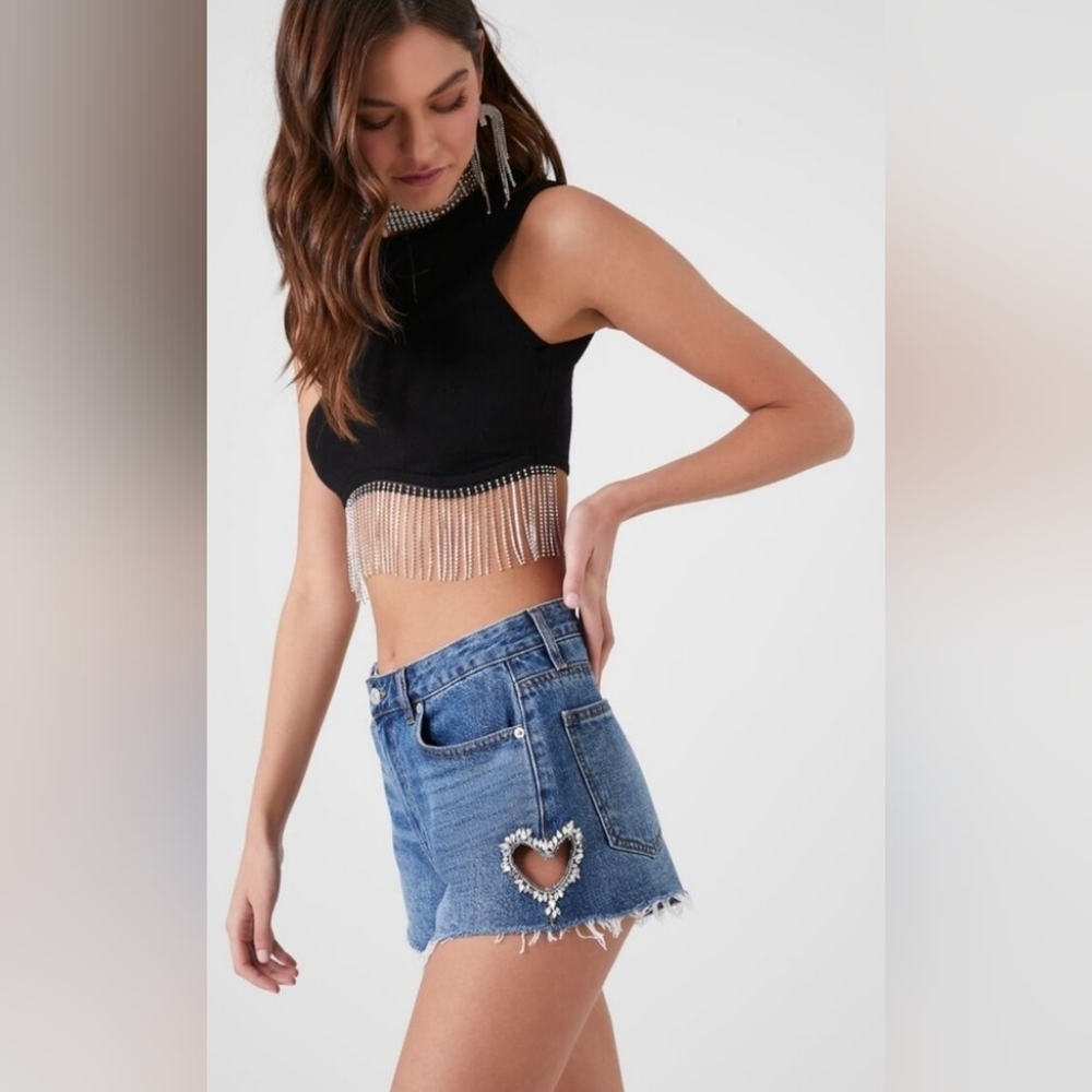 Forever 21 Denim Shorts with Cutout Faux Gem Heart Size 27 - Picture 2 of 9